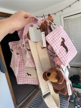 Pink Gingham Kids Bag Set with Dachshund Embroidery